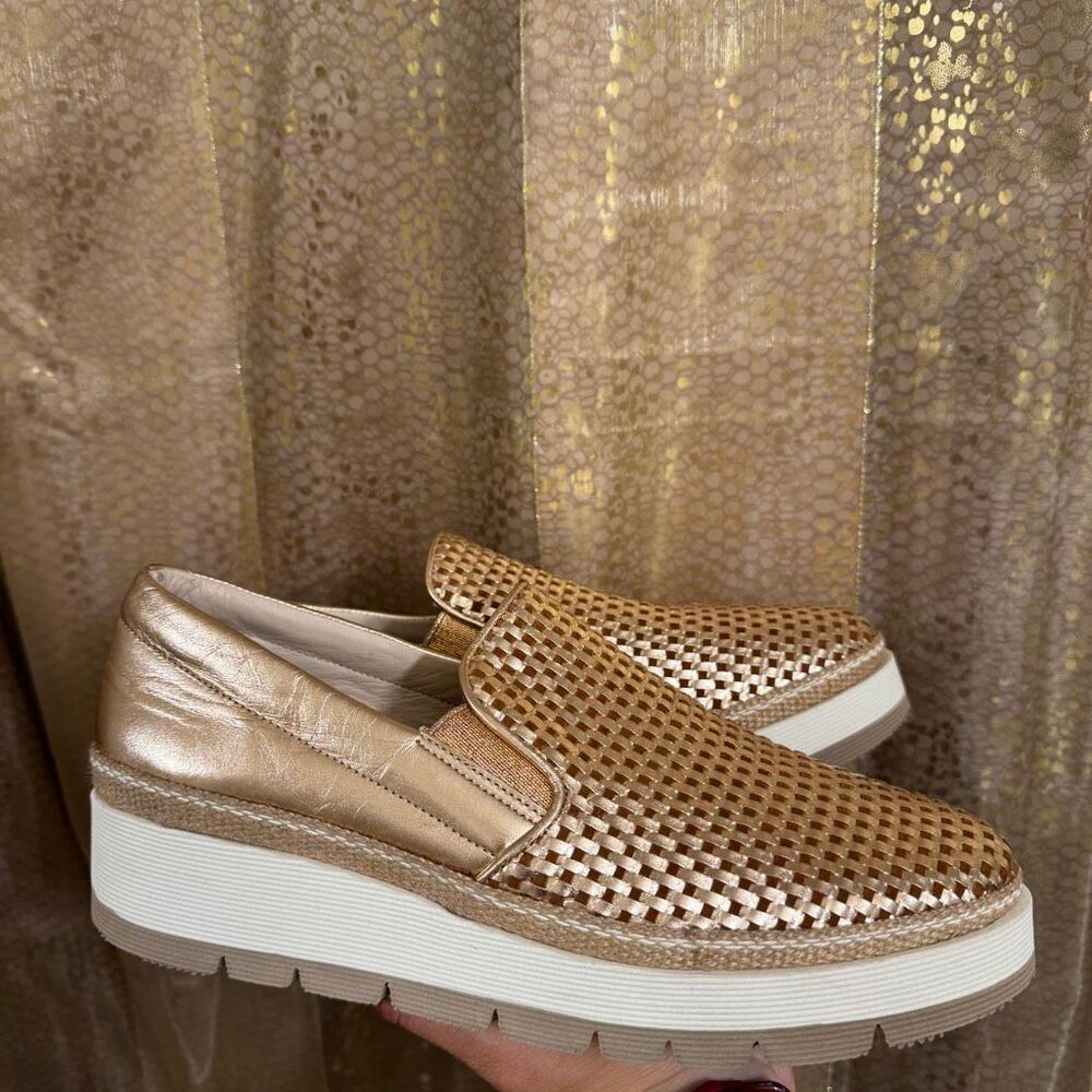 Pons Quintana Rose-Gold Metallic Leather Slip On Platform Shoes 38/8